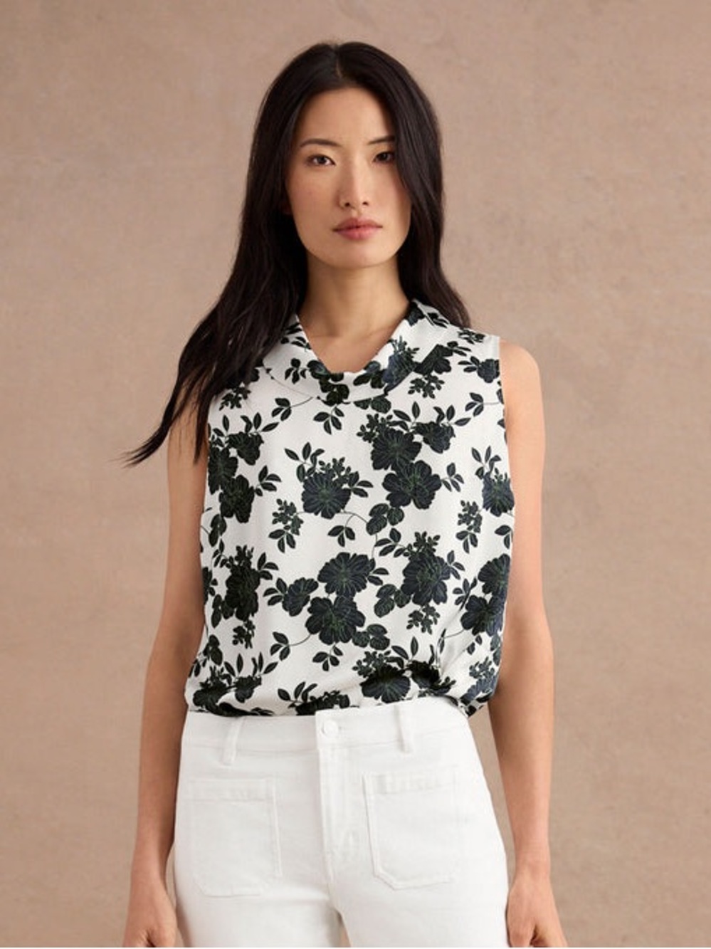 CAbi White Sleeveless Floral Shell with Black Print